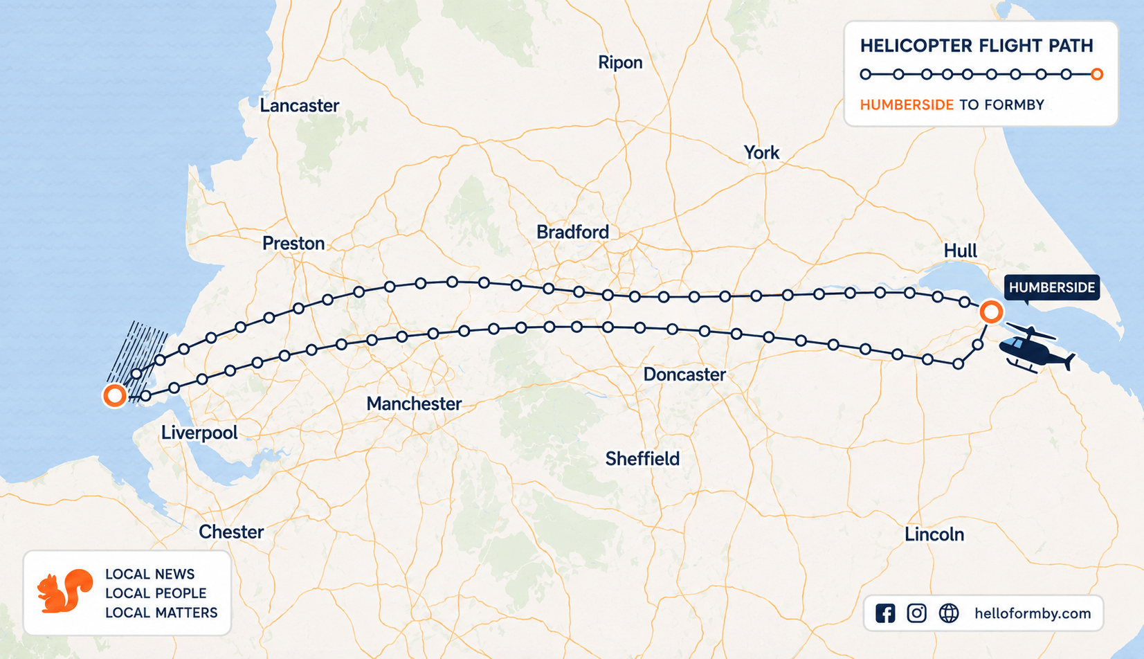 A map showing a helicopters flight path from Humberside to Formby