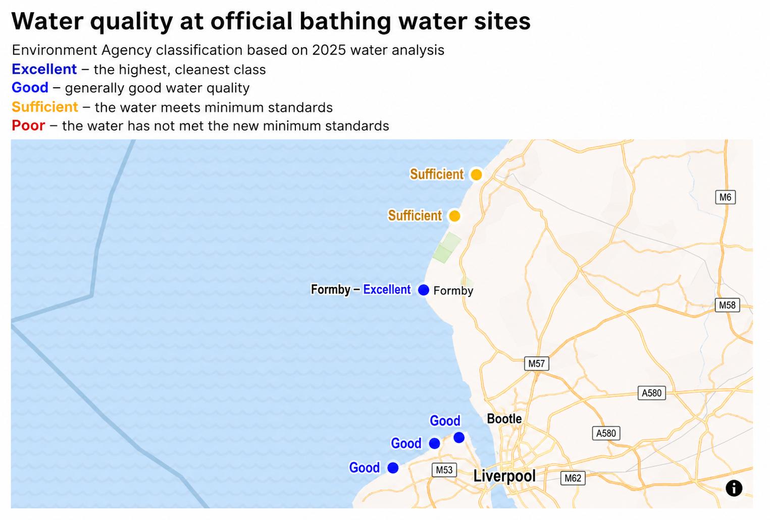 A map showing the water quality at Formby and surrounding areas