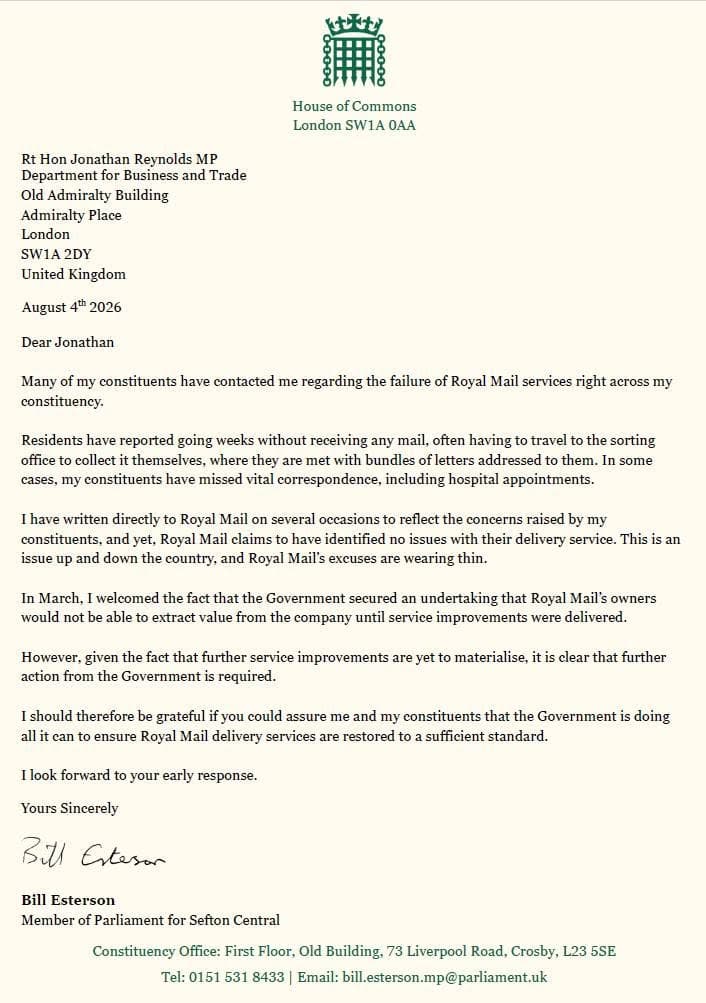 Letter from Formby's local MP to Jonathan Reynolds