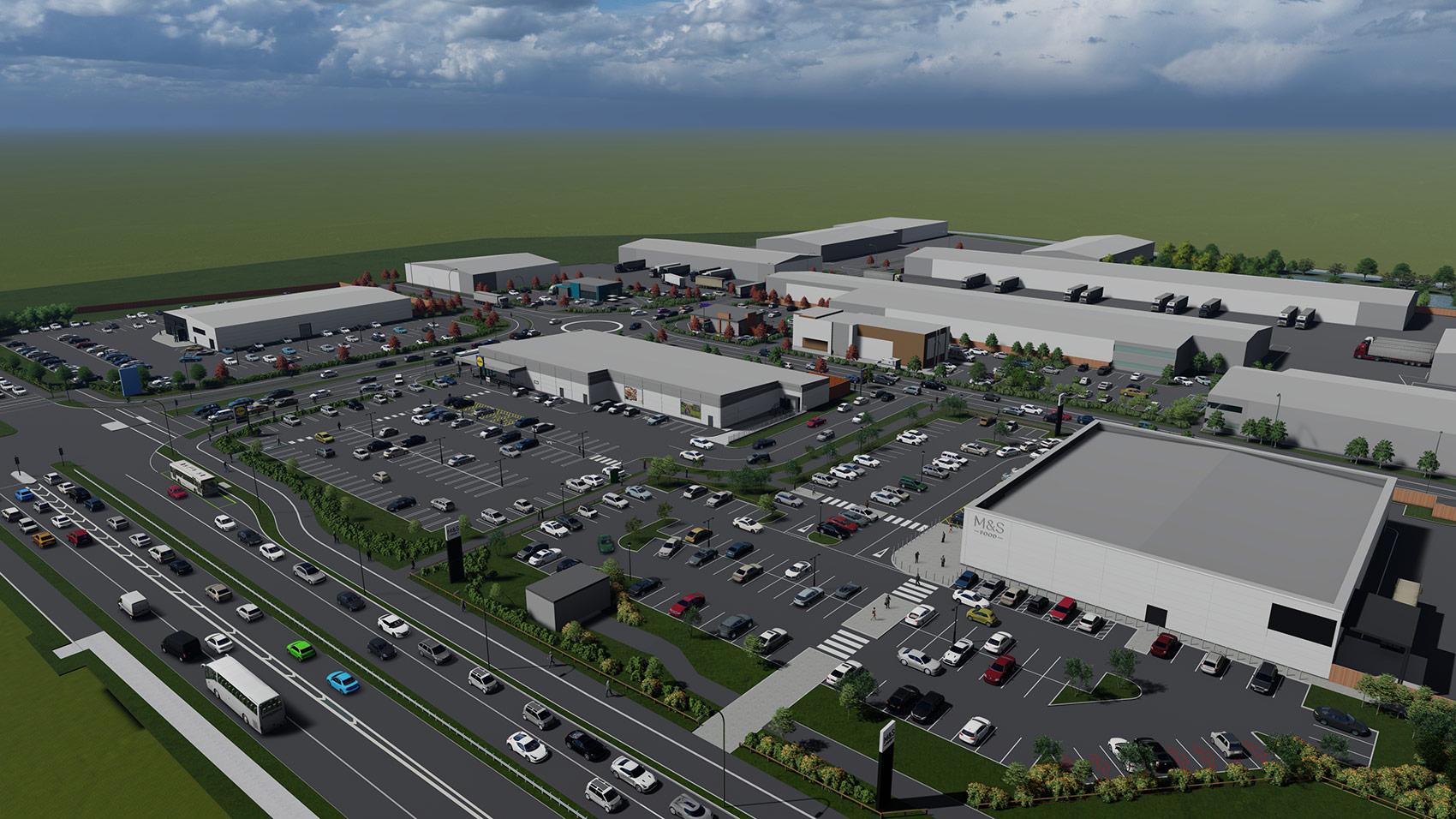 Artist’s impression of The Point development beside Formby Bypass, showing proposed shops, business units, car parks and new road access.