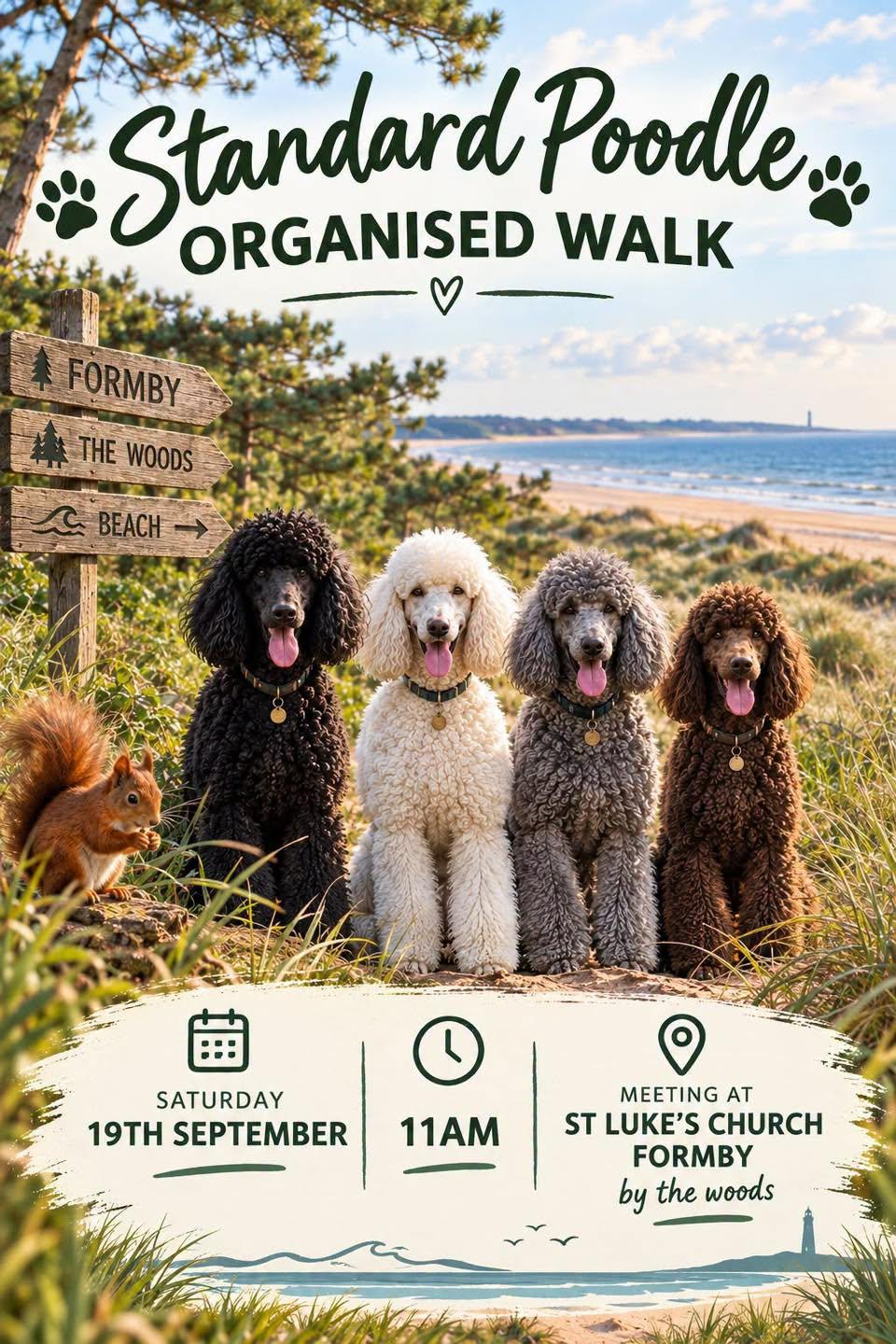 Poster for the Standard Poodle Organised Walk, Saturday 19 September at 11am, meeting at St Luke's Church, Formby, by the woods. Four standard poodles sit in the dunes beside a red squirrel.