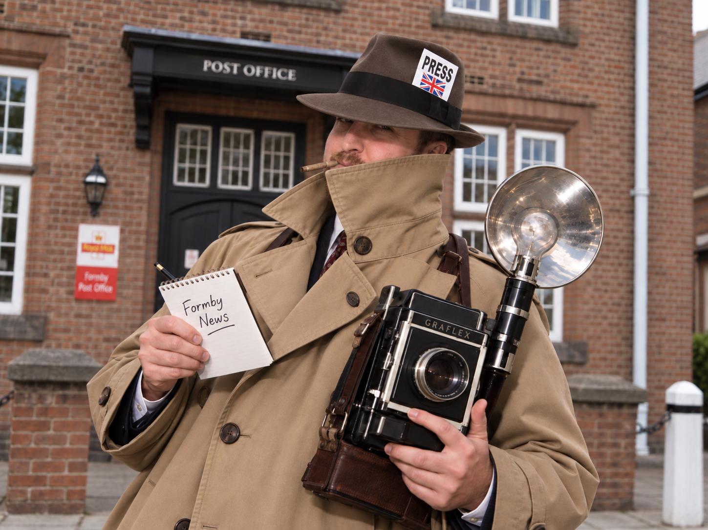 Andrew Brown, founder and editor of Hello Formby, outside Formby Post Office with a press camera